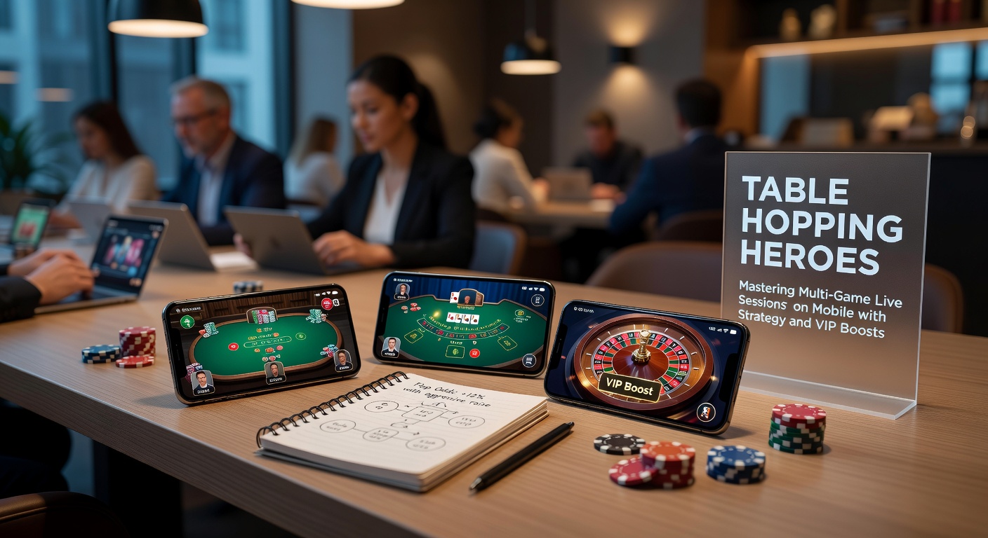 VIP-Spieler am Smartphone, der zwischen Live-Roulette- und Blackjack-Tischen wechselt, mit VIP-Status-Indikatoren