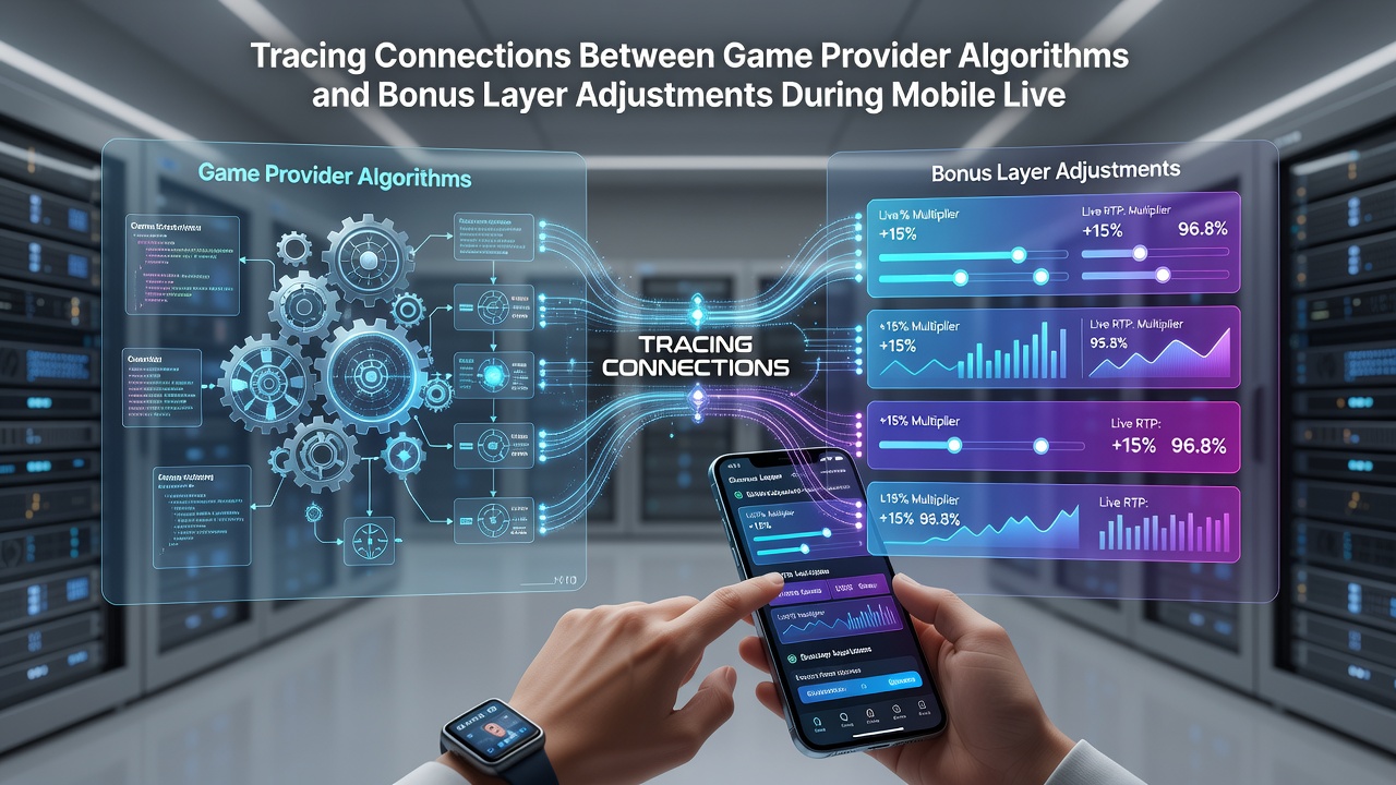 Mobile Live-Dealer-Session mit Algorithmen-Diagramm und Bonus-Layer-Overlay auf Smartphone-Display